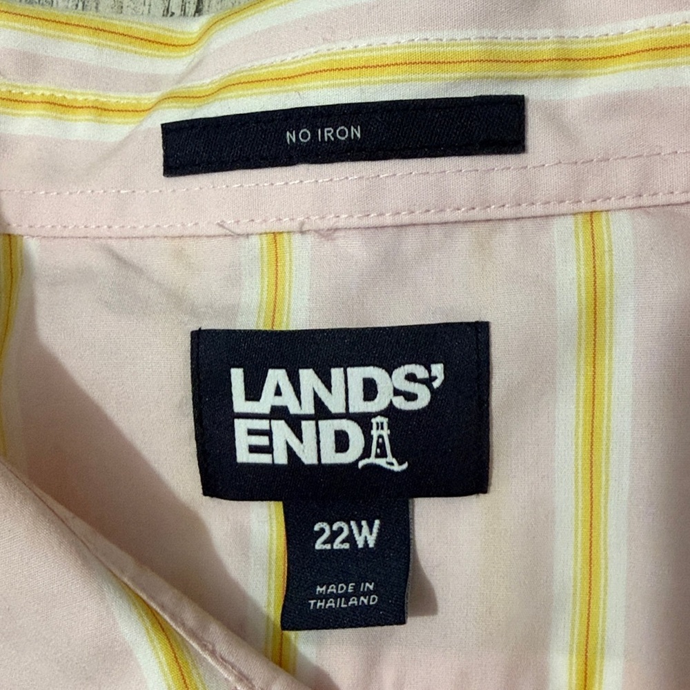 Lands' End Women's No Iron Supima Pink and Yellow Striped Button Down Shirt - Picture 4 of 7